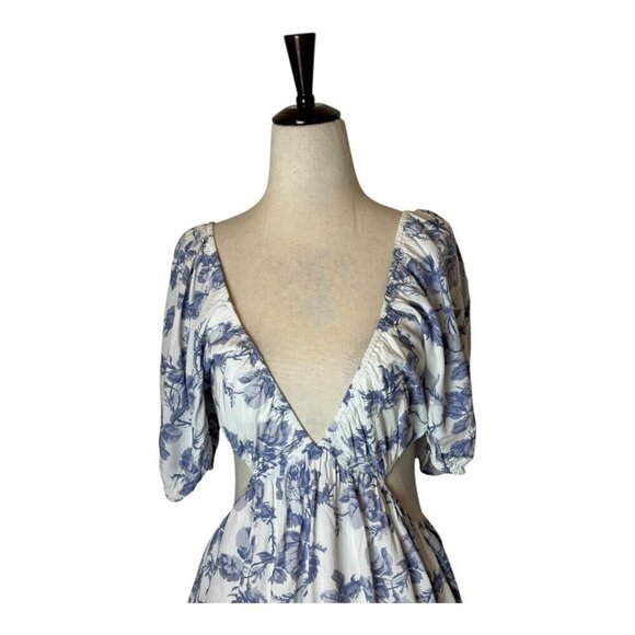 Bardot Dress Women Large Blue White Floral Print Cut Out Eden Mini Cottagecore - Picture 4 of 12